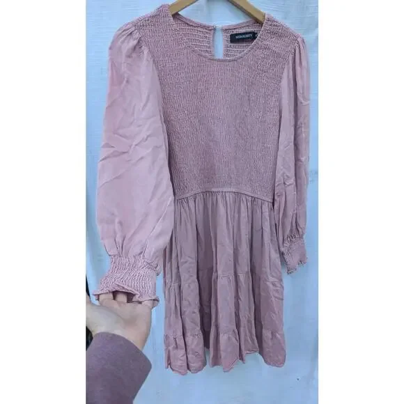 Merokeety Women's‎ Pink Smocked Dress Sz M Balloon Sleeve Tiered Pink feminine - Picture 2 of 5